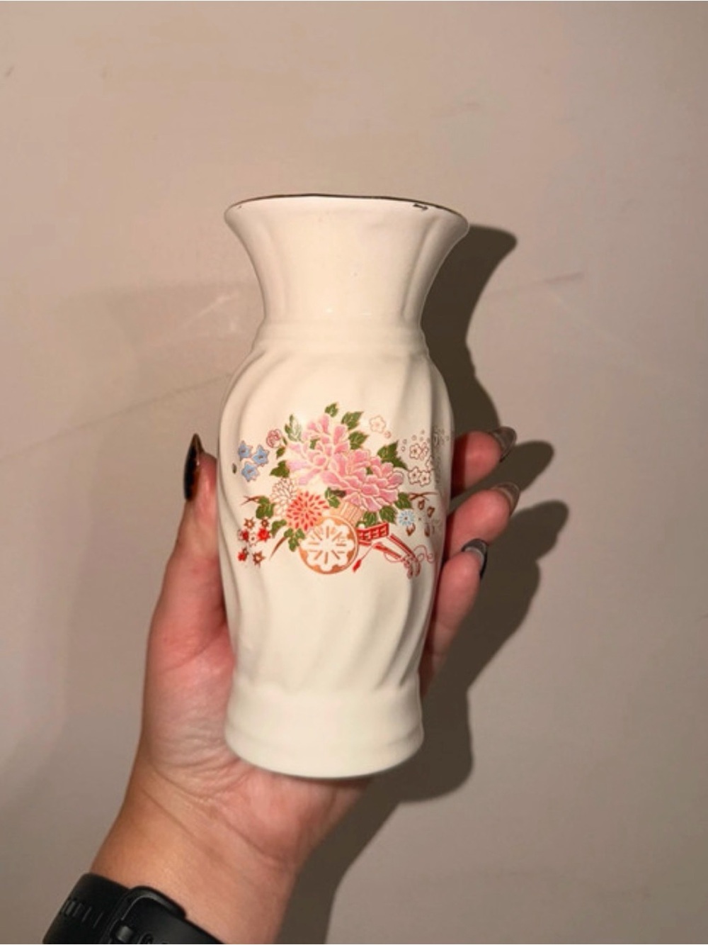 White Porcelain Floral Vase with Pink & Green Accent